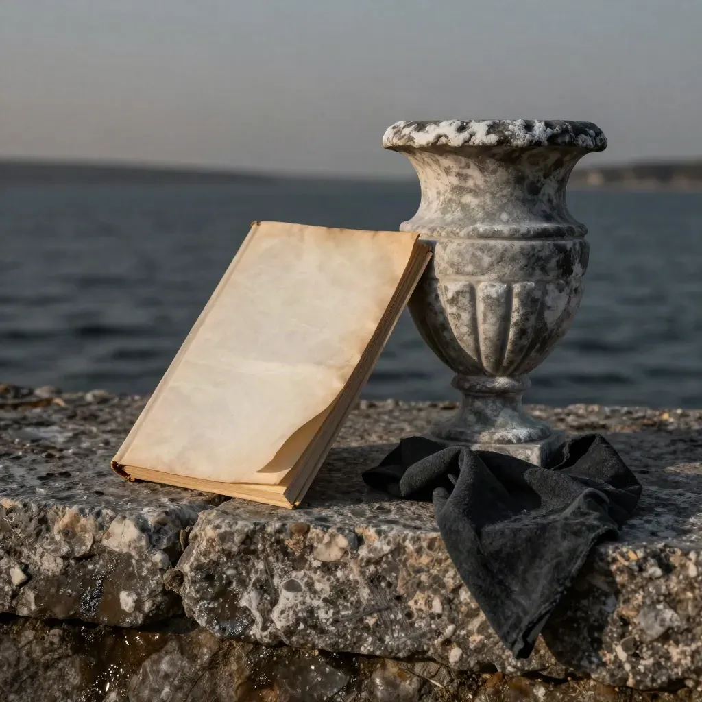 Volume di sonetti, frammento d'urna e stoffa al vento su un molo al crepuscolo.