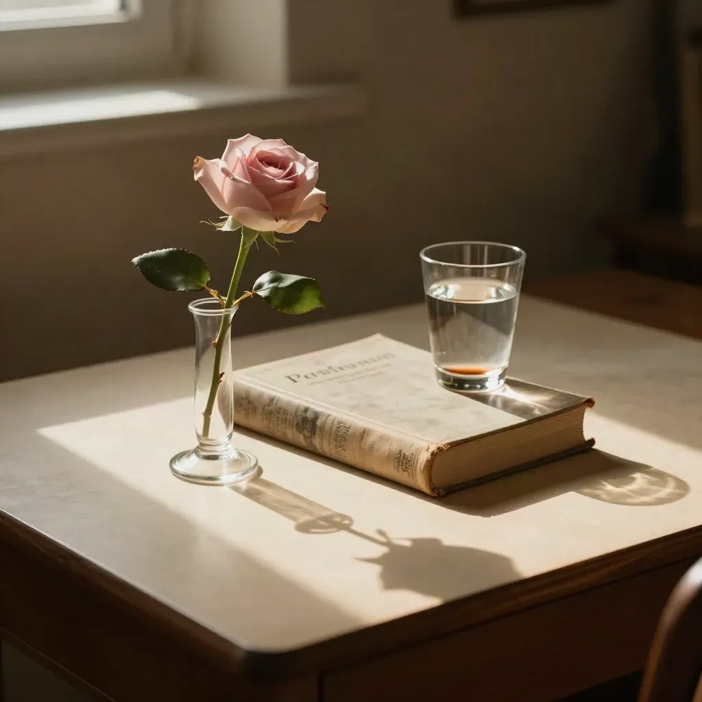 Un tavolo crema con rosa, volume chiuso di Petrarca e bicchiere d’acqua in luce dorata.