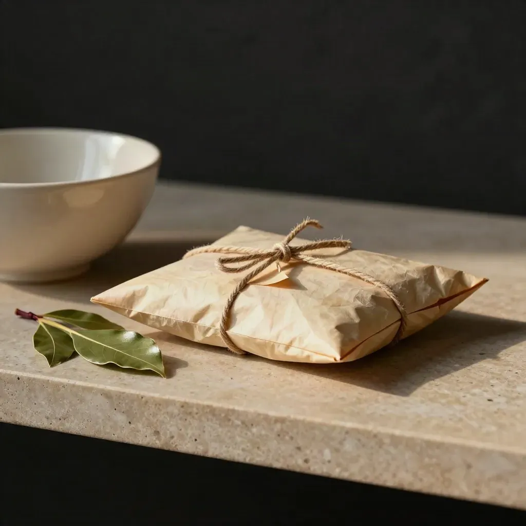 Busta di pergamena con cordino, rametto d’alloro e ciotola in ceramica su ripiano in pietra.
