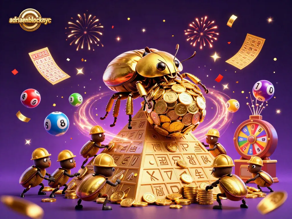 Join the excitement of adriaenblocknyc with a dynamic illustration of golden beetles and lottery elements.